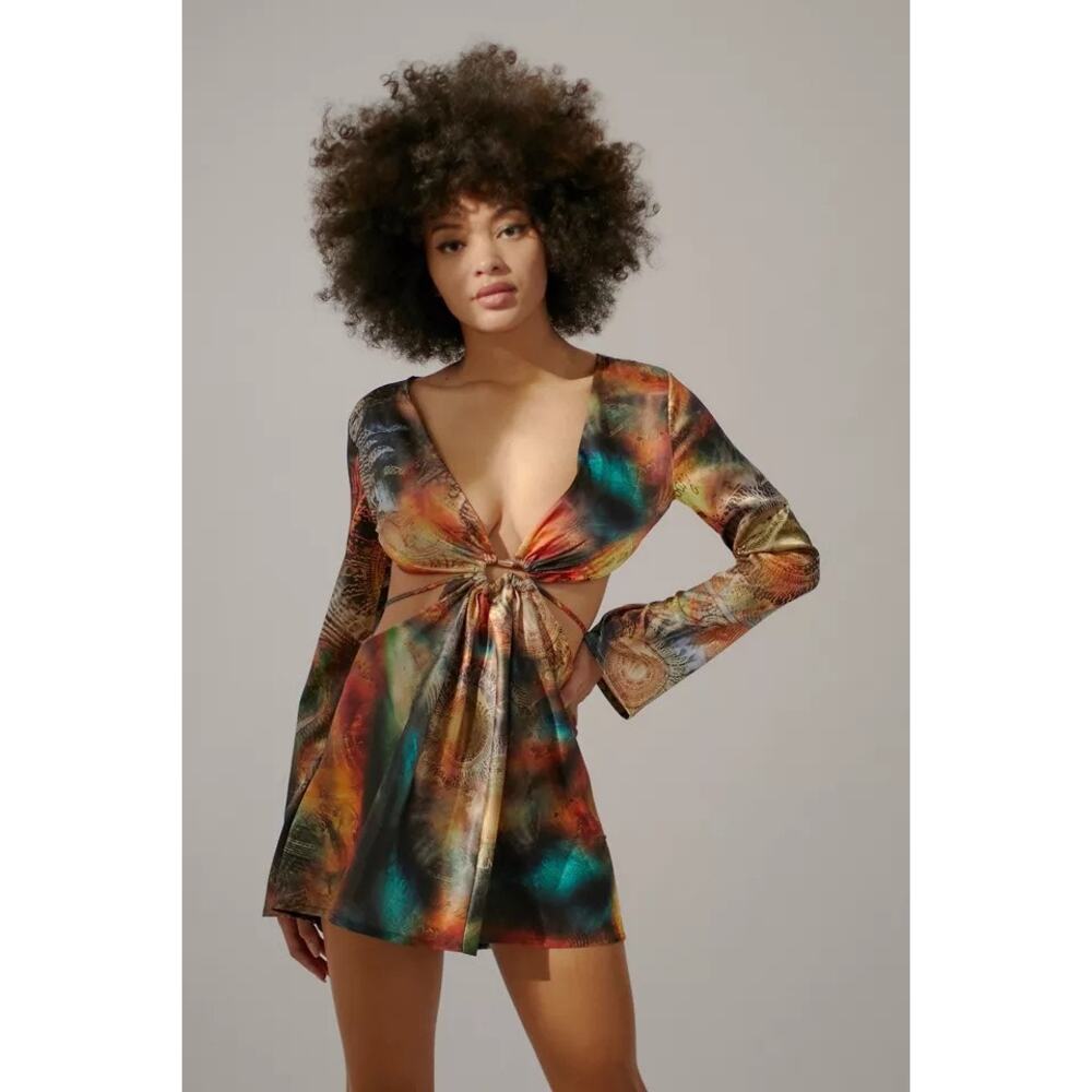 Jaded London Celestial Print Cutout Mini Dress Bell Sleeve Open Back Size 8